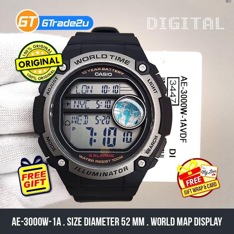 READY STOCK] CASIO MEN AE-3000W-1AV Digital Watch | 3 Cities Time Disp. 10  Yrs Batt